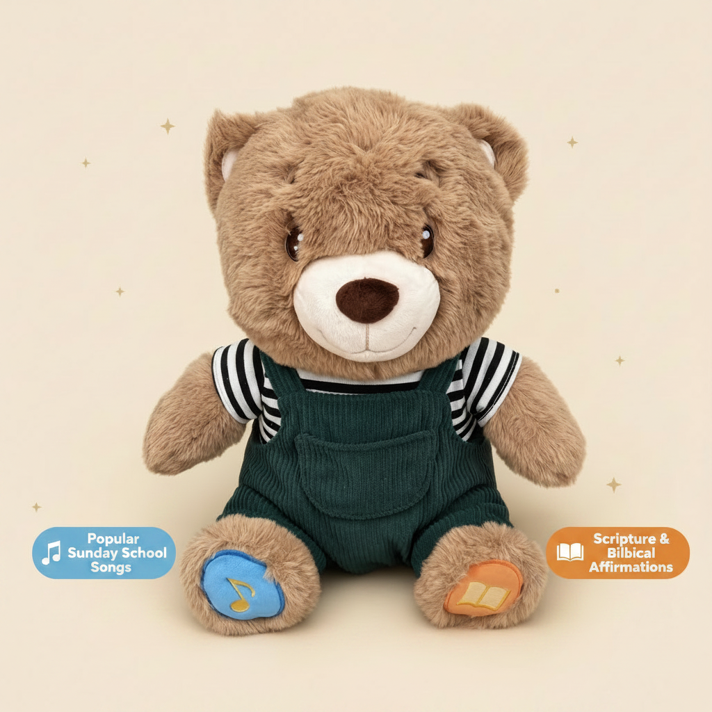 A Christian plush toy teddy bear toy with brown fur, a cream snout and chest patch, and a striped shirt with dark green corduroy overalls. The bear is shown against a light beige background with faint decorative illustrations, with two callout pills and text next to the special features: 'Popular Sunday school songs' next to the blue music note on the left foot, and 'Scripture and biblical affirmations' next to an orange book icon on the right foot.