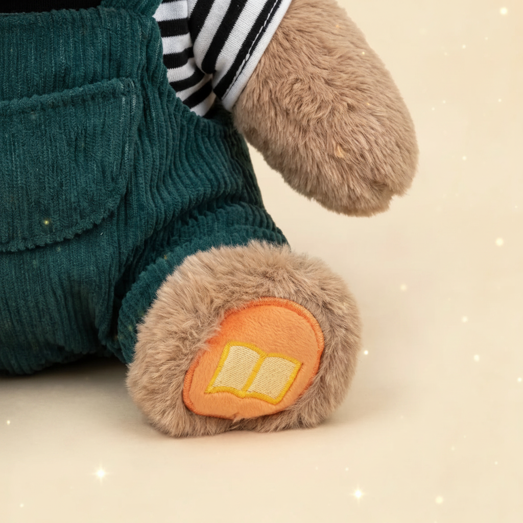 Close-up of a Christian plush toy teddy bear leg wearing dark green corduroy trousers and a black-and-white striped shirt, with a peach embroidered book patch on the paw. The background is a warm cream tone with faint illustrated drawings of stars.